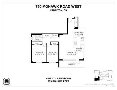 Floor plan for 2 beds, 1 bath, 973 sqft